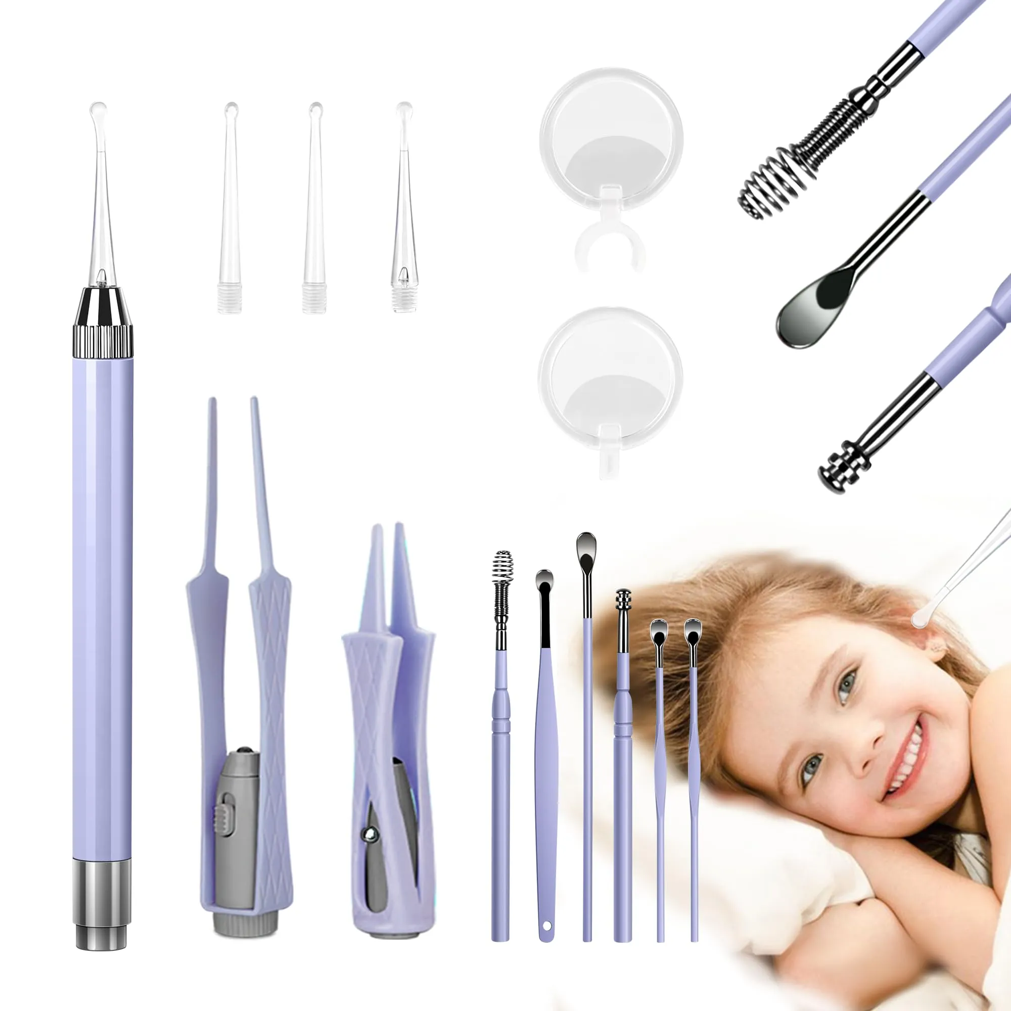 15 Pack Ear Wax Removal Tool Kit with Light - LED Ear Cleaning Kit, Ear Wax Removal for Kids and Adults, Ear Cleaning Tool, Ear Picker Spoon & Ear Tweezers & Spiral Spring Ear Spoon (Purple)