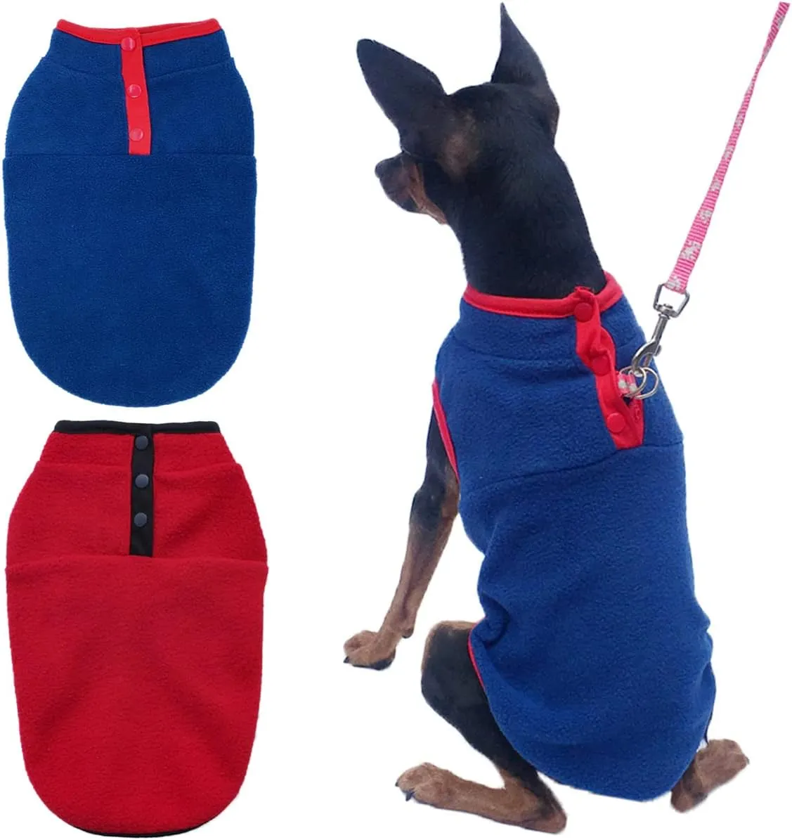 2 Pack Dog Sweater, Warm Puppy Jacket, Autumn Winter Coat, Pet Stretch Fleece Apparel with Buttons for Small Medium Dogs Cats (Red Blue, Small)
