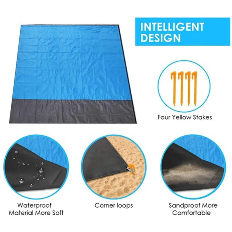 2x2.1m Waterproof Pocket Beach Blanket - Portable, Lightweight, Folding Camping Mat for Outdoor Picnic and Sand Beach