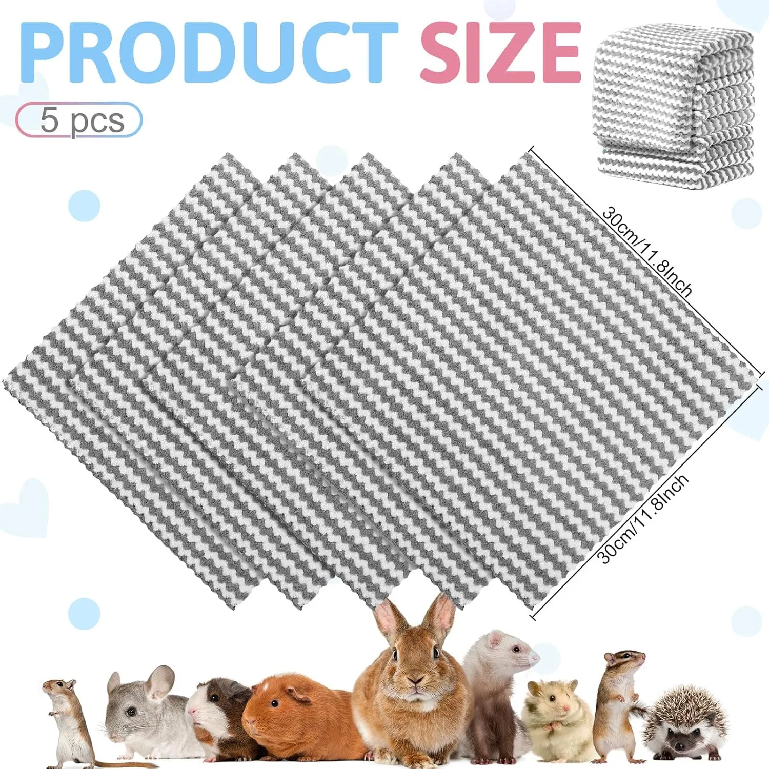 5 Pcs Waterproof Guinea Pig Fleece Bedding Blankets Absorbent Guinea Pig Cage Liner Washable Small Animal Pee Pad Reusable Pet Blanket Wash Cloth Bedding Mat Pad(Gray,12 x 12 Inch)
