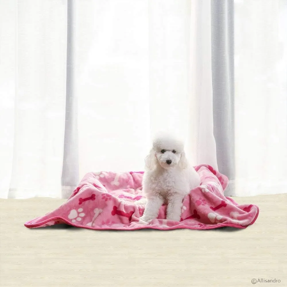 Allisandro Luxurious Dog Blanket, 350 GSM Super Fuzzy Microplush Fleece Pet Blankets for Small Medium Large Dogs and Cats, Pink Paw and Bone, 40" x 32"