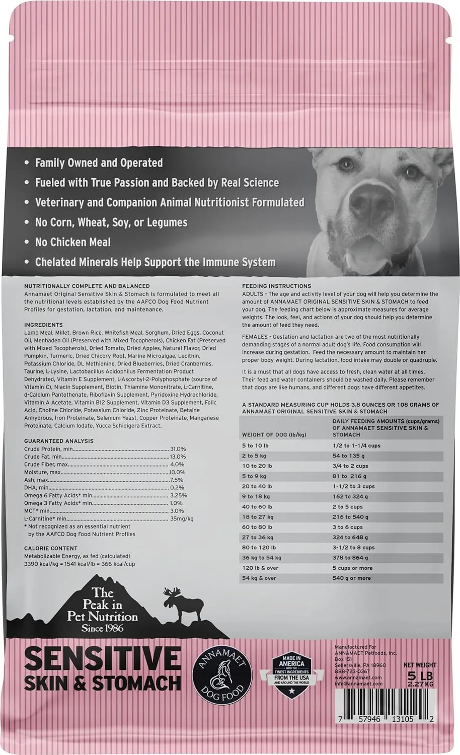 Annamaet Original Sensitive Skin & Stomach Dry Dog Food, (Lamb, Whitefish & Millet), 5-lb Bag