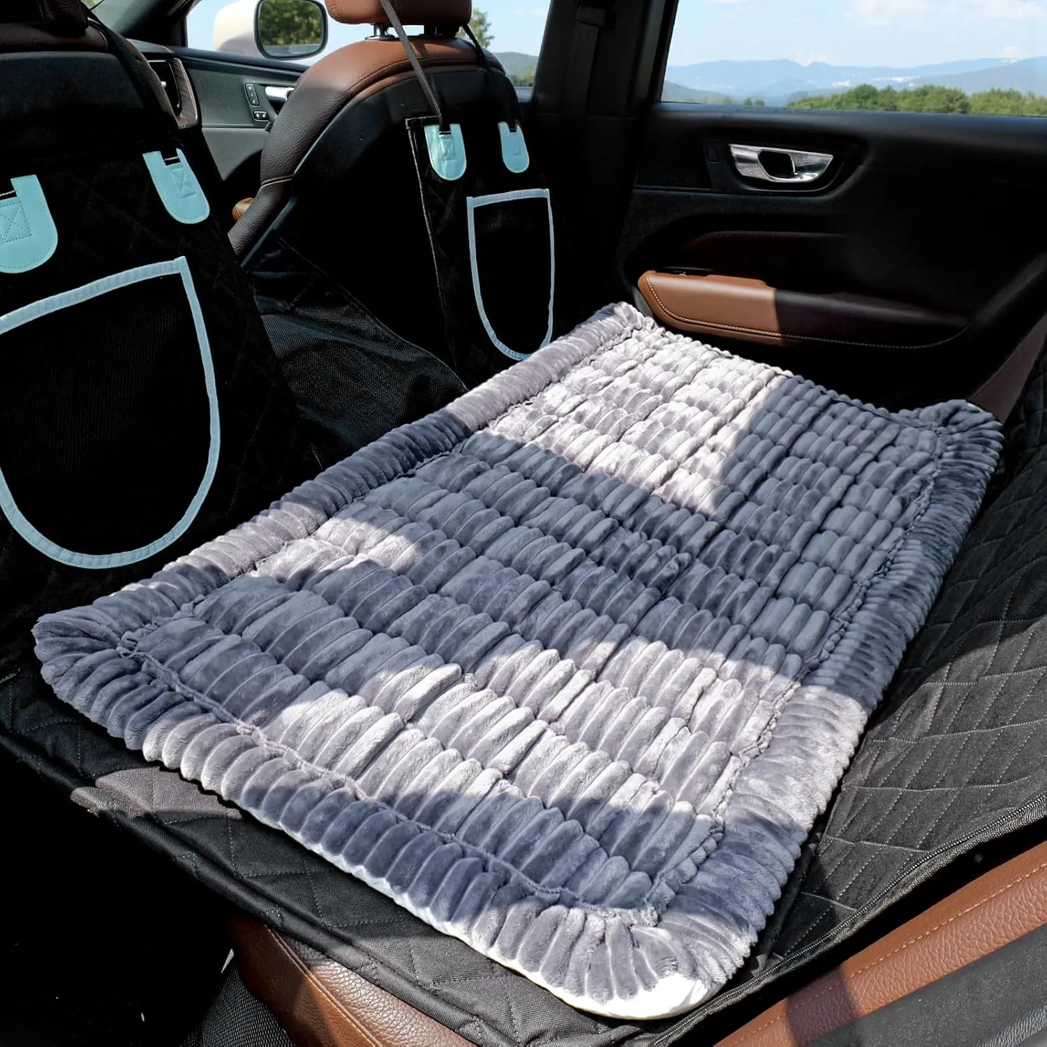 Back Seat Pet Bed Mat, Dog Car Bed for Large Dogs, Deluxe Plush Travel Beds with Anti-Slip Bottom, Custom Fit for Backseat Extenders and Seat Covers, Gray