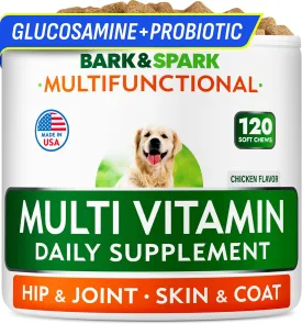BARK&SPARK Dog Vitamins & Supplements - Multivitamin Chewable Treats for Dogs - Glucosamine Chondroitin for Joint Support   Omega for Skin & Coat   Probiotics - Multi Vitamin for Pets Health - 120Ct