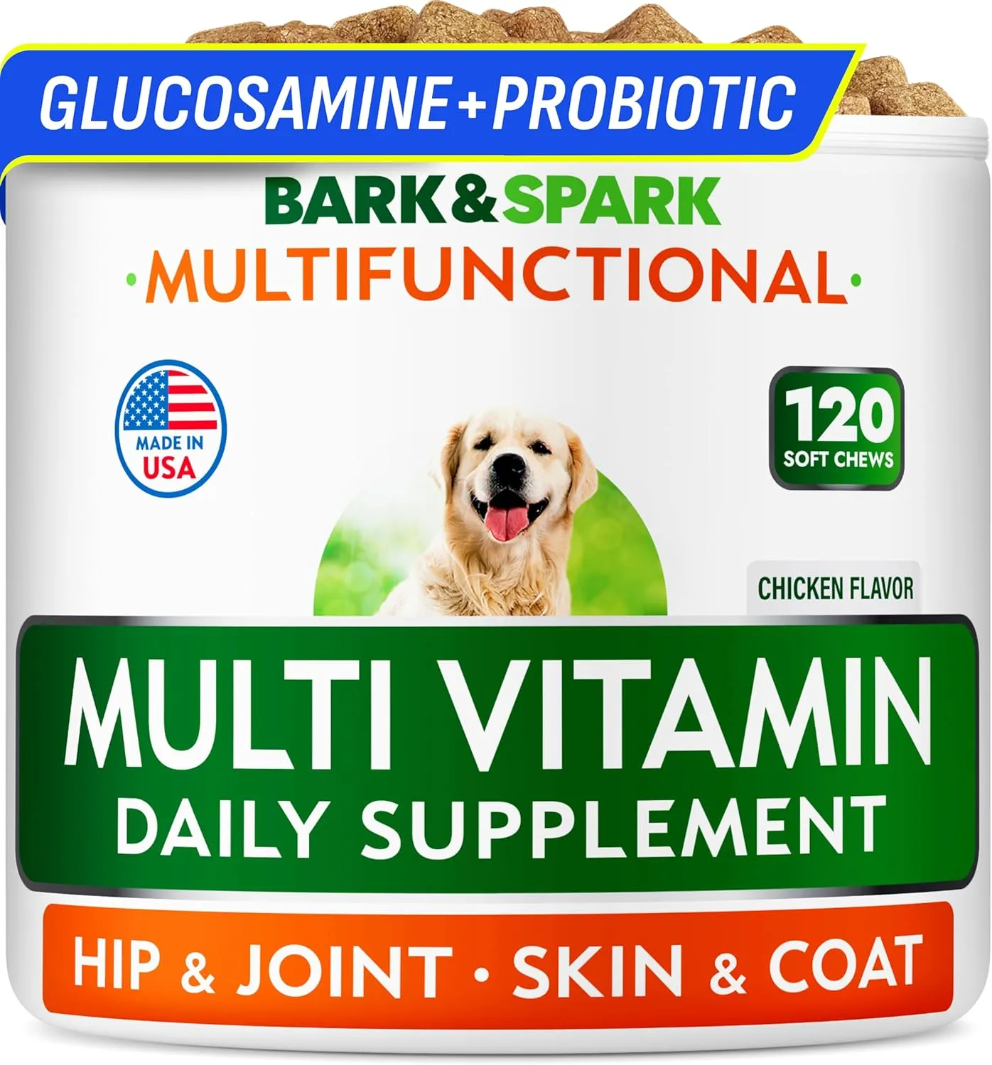 BARK&SPARK Dog Vitamins & Supplements - Multivitamin Chewable Treats for Dogs - Glucosamine Chondroitin for Joint Support   Omega for Skin & Coat   Probiotics - Multi Vitamin for Pets Health - 120Ct