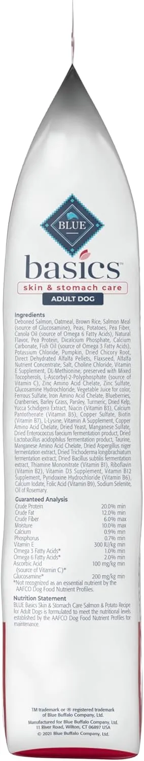 Blue Buffalo Basics Adult Dry Dog Food, Skin & Stomach Care, Limited Ingredient Diet for Dogs, Salmon Recipe, 24-lb. Bag