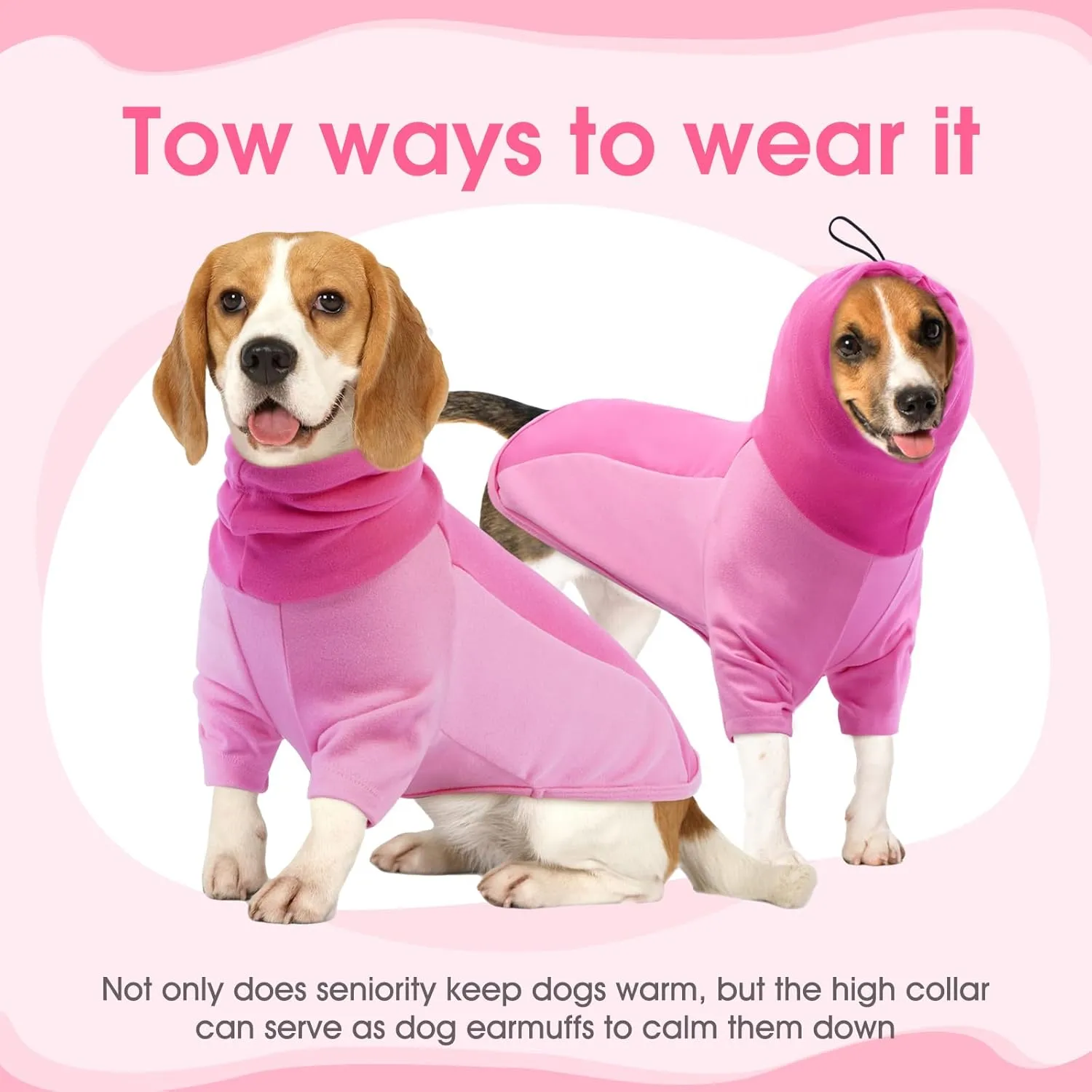 BRKURLEG Dog Hoodie with Ear Wraps Dog Turtleneck Sweatshirt Dog Anxiety Calming Hoodie Soft Pullover Elastic Dog Ear Covers Hood for Noise Warm Fleece Dog Sweater for Cold Weather, Pink L