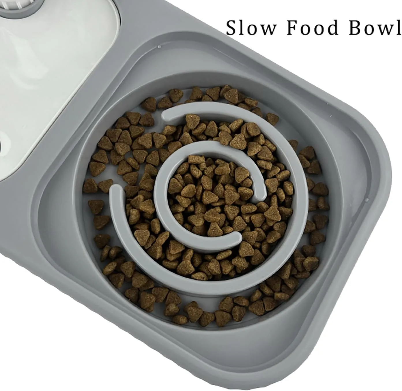 Cat Dog Food and Water Bowl Set, Double Food Bowls with Automatic Gravity Water Bottle, Raised Slow Feeder, Detachable Stainless Steel Bowl, 15Tilt Elevated No Spill Dispenser (Gray White)