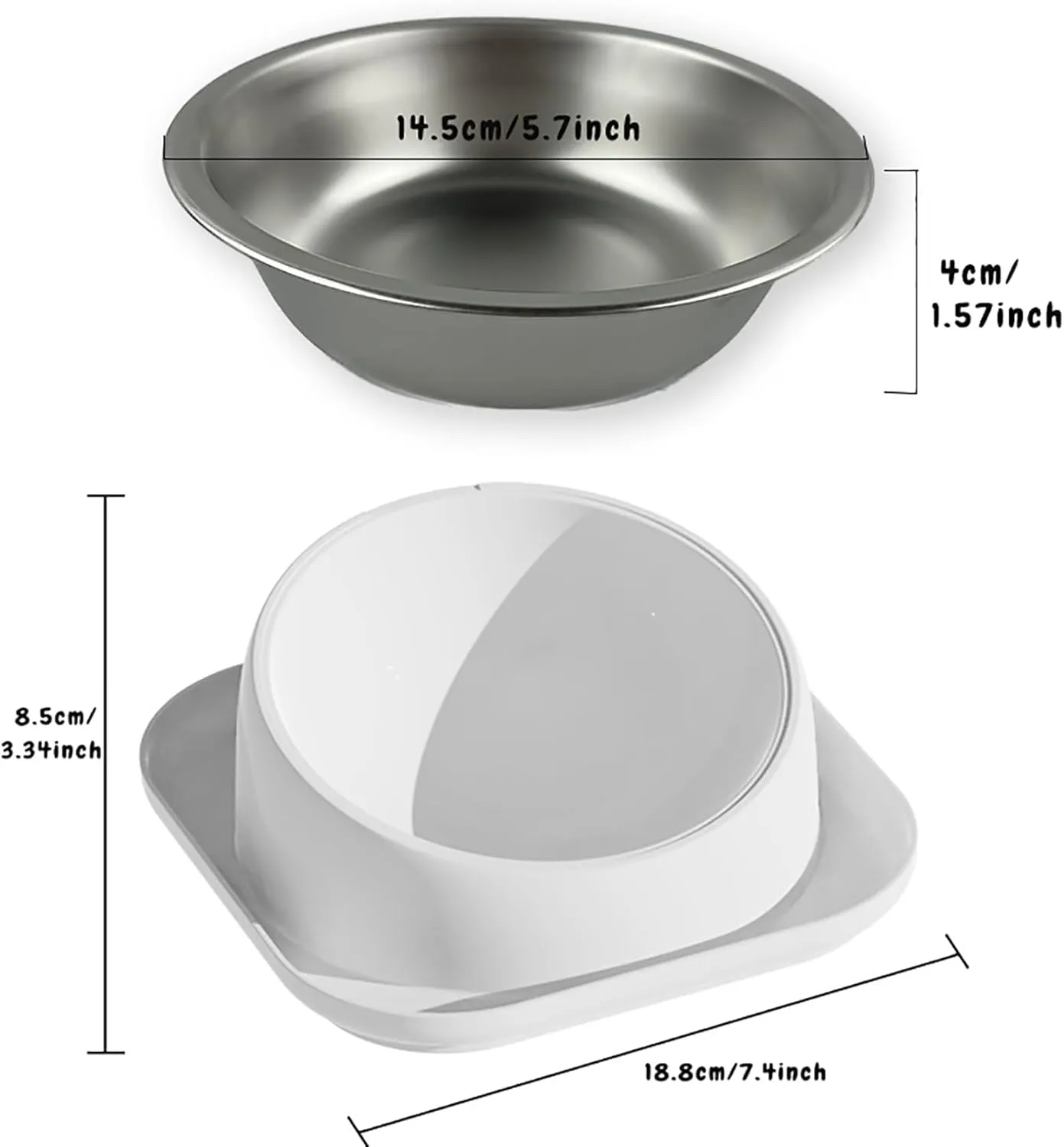 Cat Dog Food and Water Bowl Set, Double Food Bowls with Automatic Gravity Water Bottle, Raised Slow Feeder, Detachable Stainless Steel Bowl, 15Tilt Elevated No Spill Dispenser (Gray White)