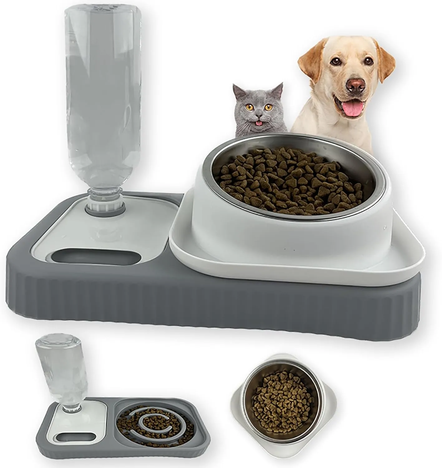 Cat Dog Food and Water Bowl Set, Double Food Bowls with Automatic Gravity Water Bottle, Raised Slow Feeder, Detachable Stainless Steel Bowl, 15Tilt Elevated No Spill Dispenser (Gray White)