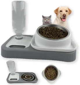 Cat Dog Food and Water Bowl Set, Double Food Bowls with Automatic Gravity Water Bottle, Raised Slow Feeder, Detachable Stainless Steel Bowl, 15Tilt Elevated No Spill Dispenser (Gray White)