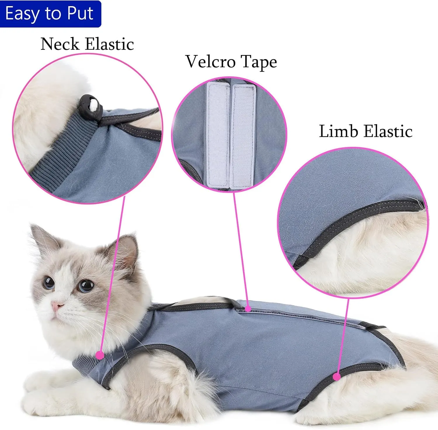 Cat Surgery Recovery Suit Cat Onesie for Cats After Surgery Spay Surgical Abdominal Wound Skin Diseases E-Collar Alternative Wear (Grey-Blue-S)