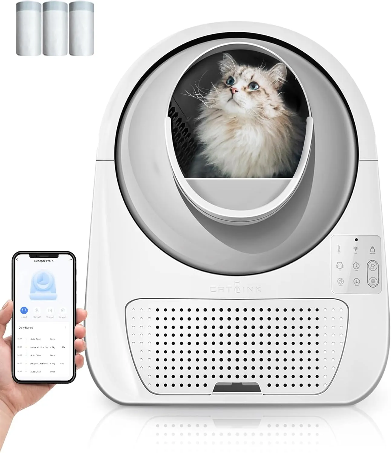 CATLINK Self Cleaning Automatic Litter Box for Cats 3.5~22lbs-APP Control,Double Odor Removal-Extra Large with 40 Liners&1 Carbon Filter Box Included -Smart Robot Cat Litter Box (New Version)