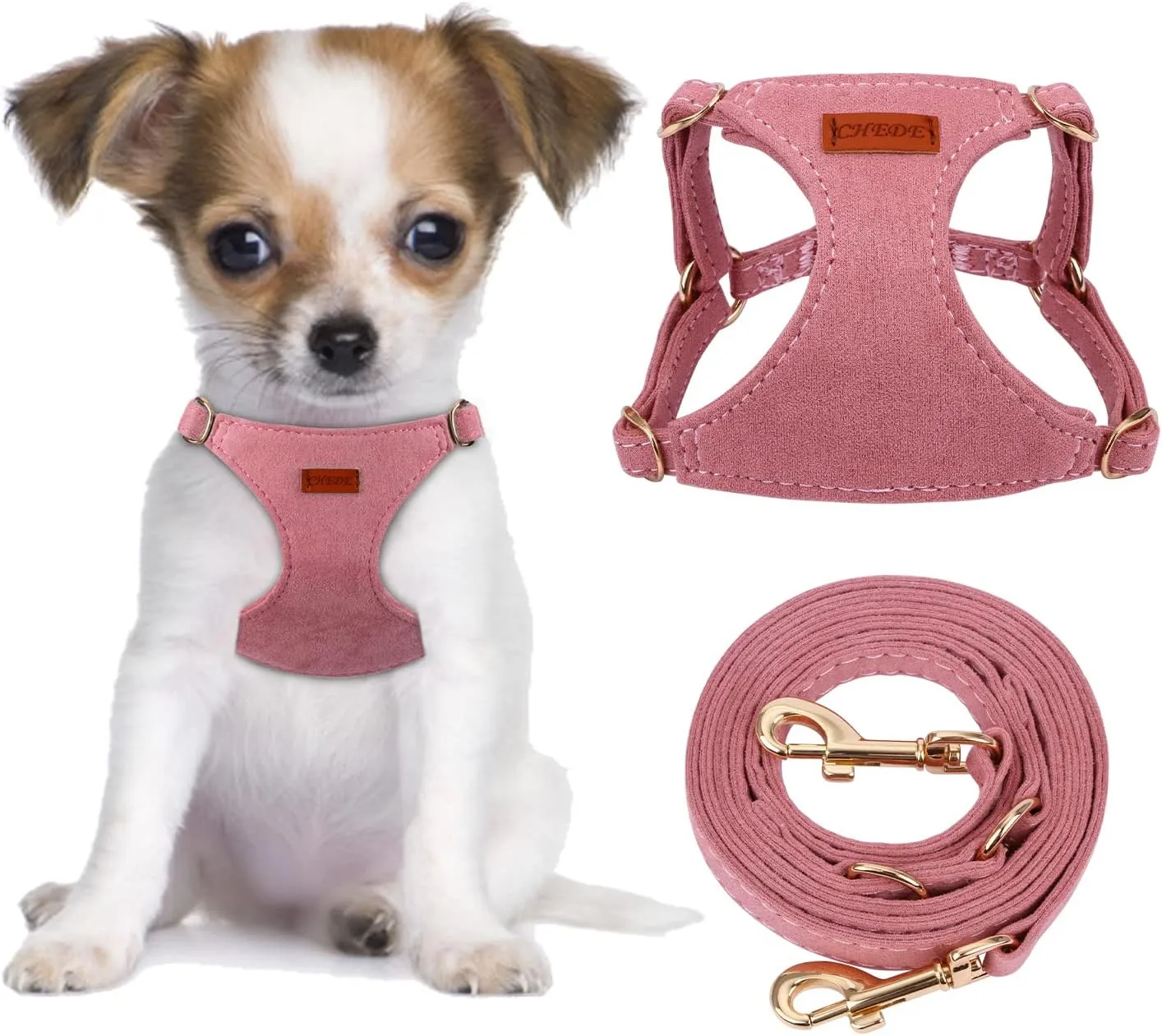 CHEDE No Pull Puppy Harness and Multifunction Dog Leash Set- 8 Colors Soft Adjustable No Choke Escape Proof Cute,Lightweight Pet Vest Harness for Small and Medium Dog (XS, Antique Pink)