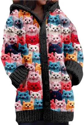 Cute Cat Pattern Knit Hooded Cardigan Cat Sweaters for Women Plus Size Cat Lover Gift Cardigan for Women