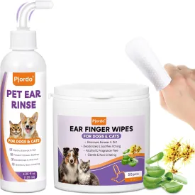 Dog Ear Cleaner Kit - Dog Ear Finger Wipes and Ear Cleaner Solution for Dogs and Cats, Gently Remove Ear Wax & Debris, Soothe Ear Itching, Deodorize, Pet Ear Wash with Aloe Vera & Witch Hazel