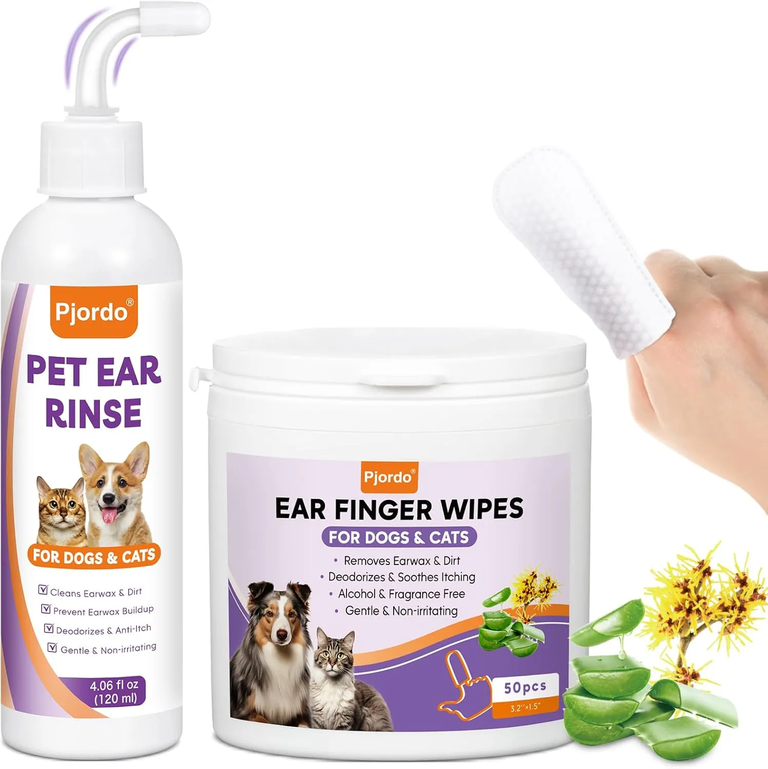 Dog Ear Cleaner Kit - Dog Ear Finger Wipes and Ear Cleaner Solution for Dogs and Cats, Gently Remove Ear Wax & Debris, Soothe Ear Itching, Deodorize, Pet Ear Wash with Aloe Vera & Witch Hazel