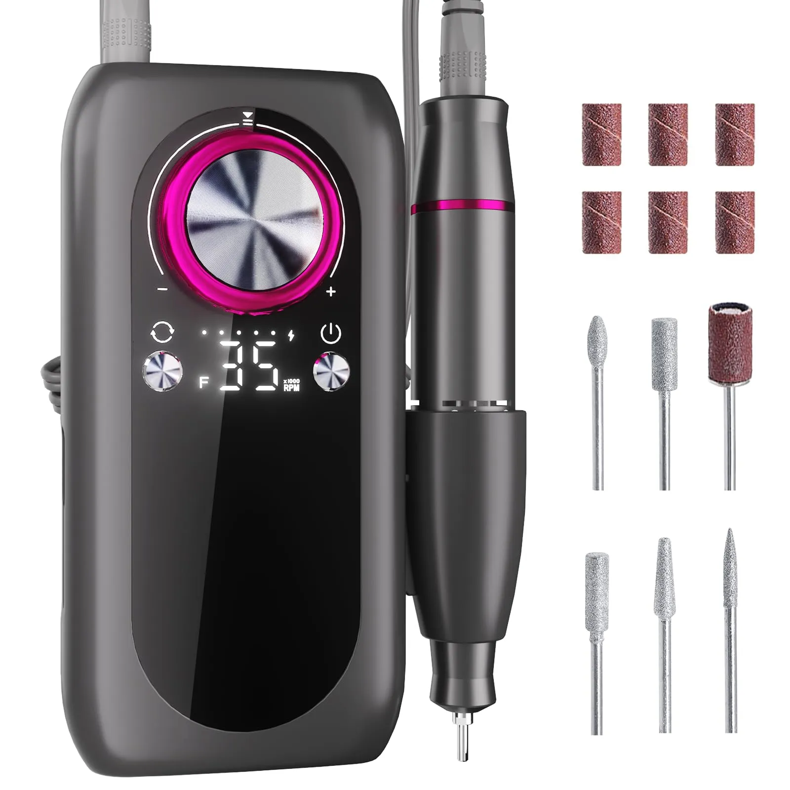 Electric Nail File Machine, 35000RPM Rechargeable Nail Drill, Professional Acrylic Gel Nails Remover with Drill Bits, Portable Efiler Manicure Supplies for Polishing Grinding, Home Salon Use