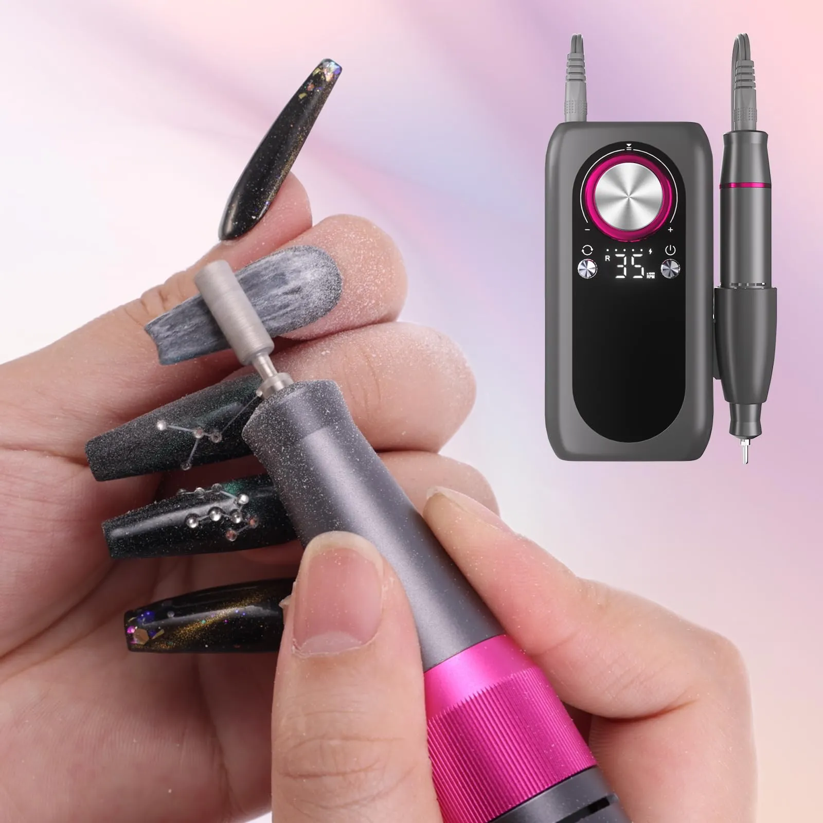 Electric Nail File Machine, 35000RPM Rechargeable Nail Drill, Professional Acrylic Gel Nails Remover with Drill Bits, Portable Efiler Manicure Supplies for Polishing Grinding, Home Salon Use