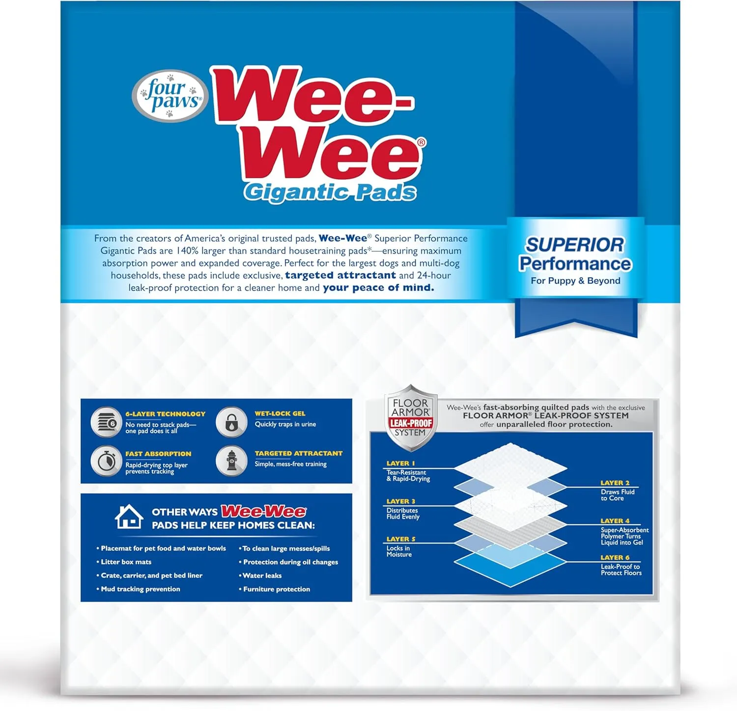 Four Paws Wee-Wee Superior Performance Gigantic Pee Pads for Dogs - Puppy & Dog Pads for Potty Training - Dog Supplies - 27.5" x 44" (100 Count)