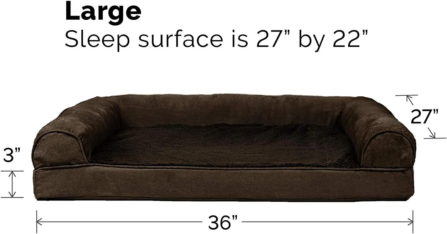 Furhaven Cooling Gel Dog Bed for Large/Medium Dogs w/ Removable Bolsters & Washable Cover, For Dogs Up to 55 lbs - Plush & Suede Sofa - Espresso, Large