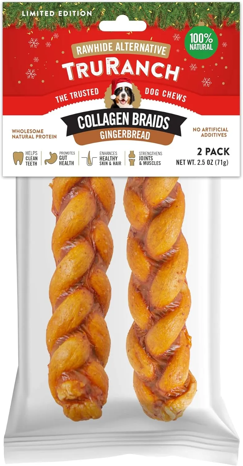 Gingerbread Collagen Braids - 3 Bags, 6 Count, Limited Edition Holiday Stocking Stuffer, Rawhide Free, Healthy Limited Ingredients Dog Chew, Value Pack - Small, Medium & Large Dogs