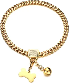 Gold Dog Chain Collars with Dog ID Tag and Bell Cubic Zirconia Locking 10mm/14mm/18mm 18k Stainless Steel Miami Cuban Link Chain Chew Proof Collar for Small Medium Large Dogs(10mm,20inch)