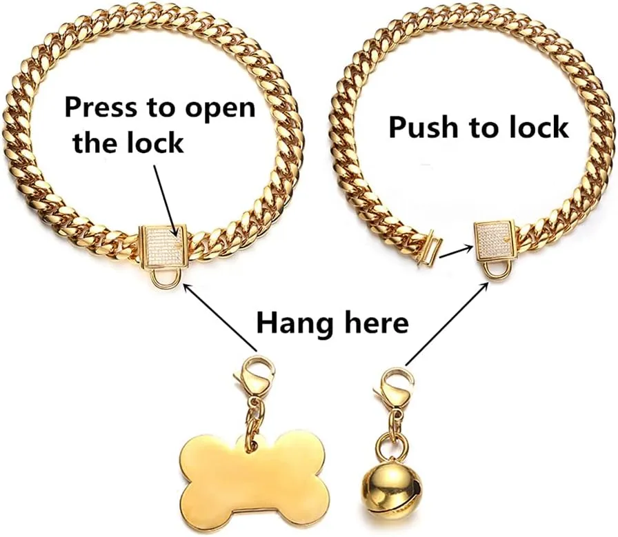 Gold Dog Chain Collars with Dog ID Tag and Bell Cubic Zirconia Locking 10mm/14mm/18mm 18k Stainless Steel Miami Cuban Link Chain Chew Proof Collar for Small Medium Large Dogs(10mm,20inch)