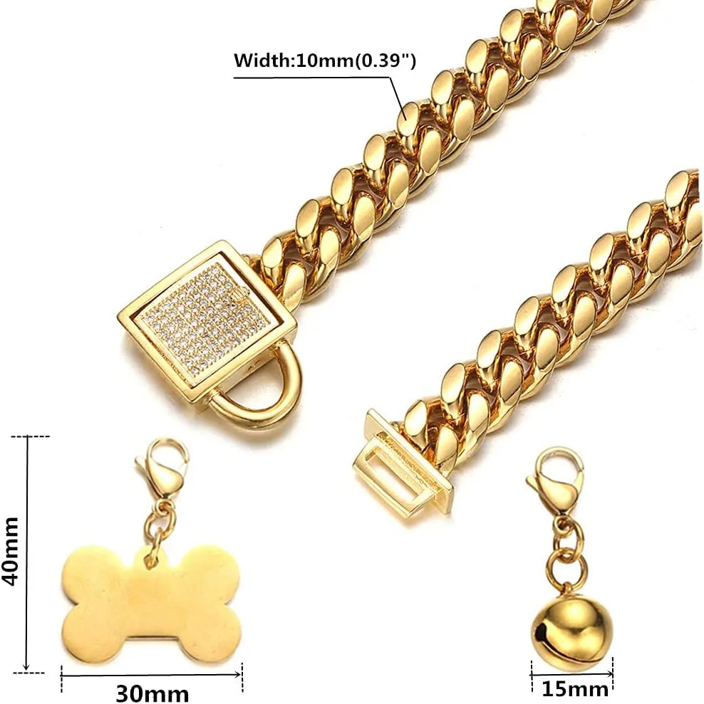Gold Dog Chain Collars with Dog ID Tag and Bell Cubic Zirconia Locking 10mm/14mm/18mm 18k Stainless Steel Miami Cuban Link Chain Chew Proof Collar for Small Medium Large Dogs(10mm,20inch)