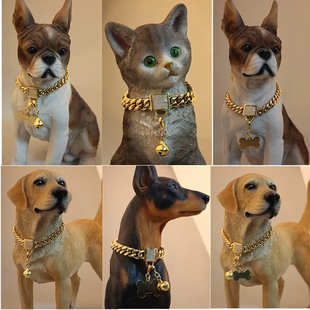 Gold Dog Chain Collars with Dog ID Tag and Bell Cubic Zirconia Locking 10mm/14mm/18mm 18k Stainless Steel Miami Cuban Link Chain Chew Proof Collar for Small Medium Large Dogs(10mm,20inch)