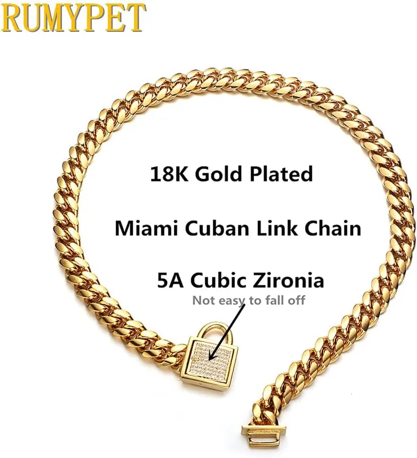 Gold Dog Chain Collars with Dog ID Tag and Bell Cubic Zirconia Locking 10mm/14mm/18mm 18k Stainless Steel Miami Cuban Link Chain Chew Proof Collar for Small Medium Large Dogs(10mm,20inch)