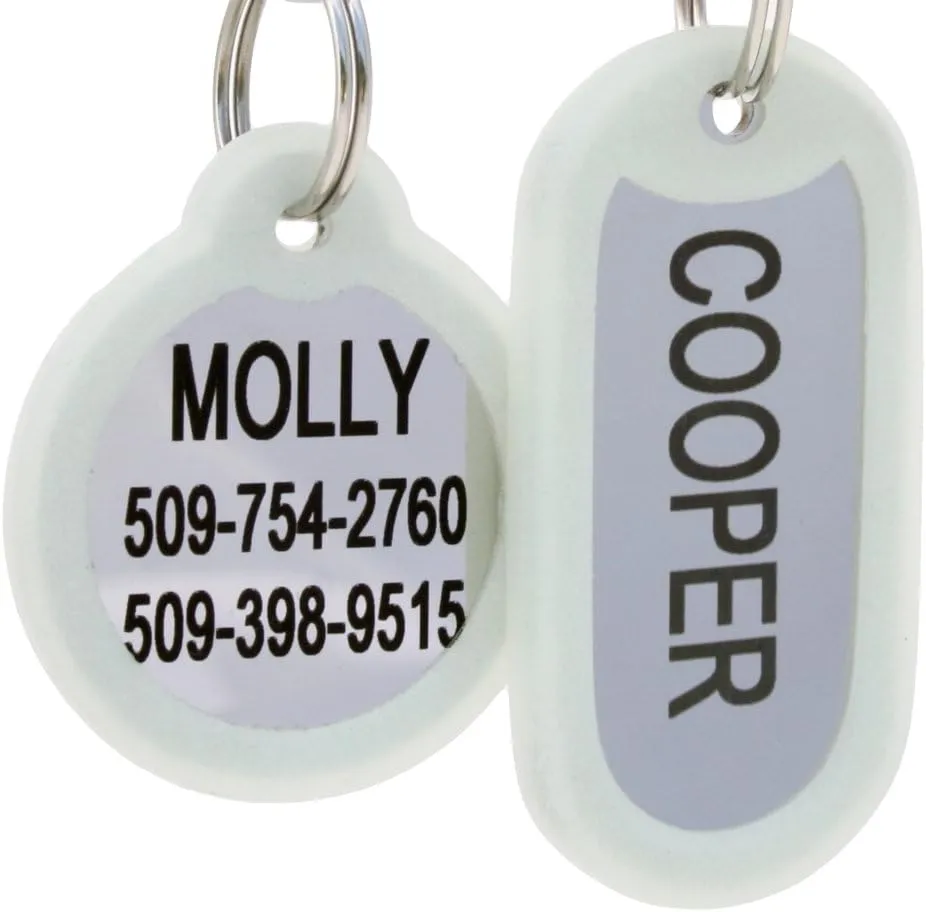 GoTags Personalized Dog Tags in Stainless Steel, Includes Glow in The Dark Tag Silencer to Reduce Noise and Protect Tag and Engraving, No Noise, Quiet Pet Tags, 2 Side Engraving, (Bone Shape)