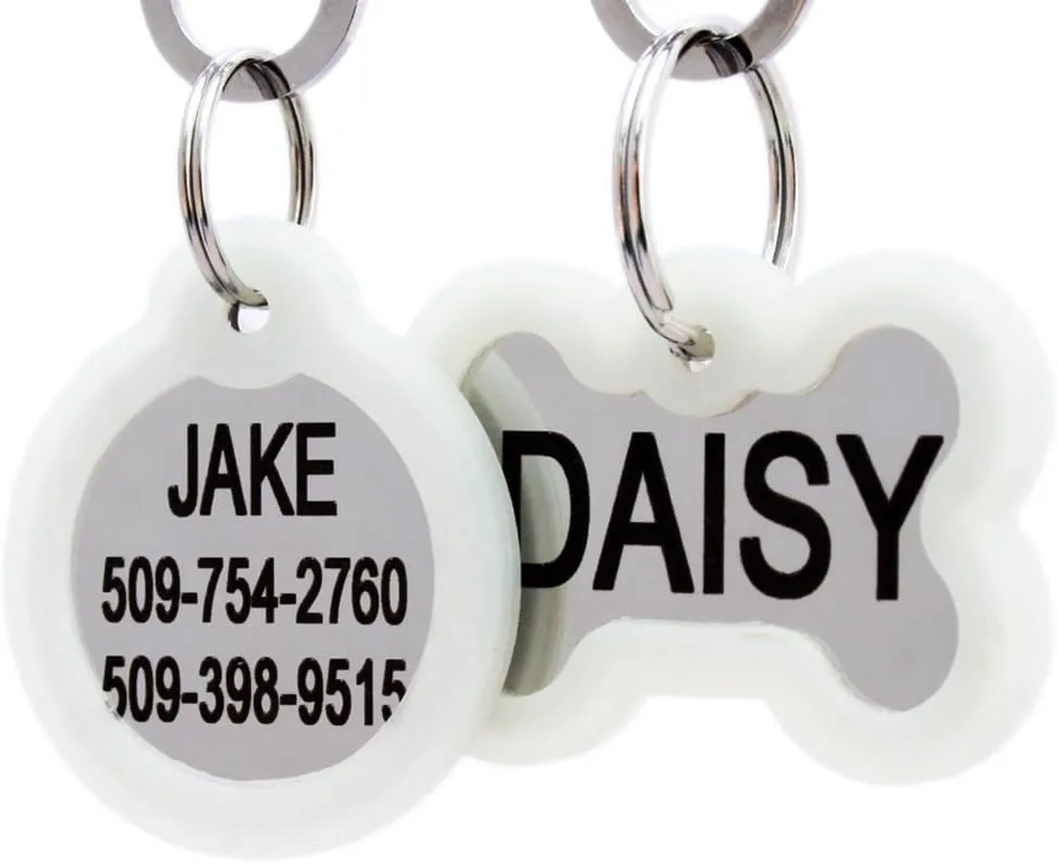 GoTags Personalized Dog Tags in Stainless Steel, Includes Glow in The Dark Tag Silencer to Reduce Noise and Protect Tag and Engraving, No Noise, Quiet Pet Tags, 2 Side Engraving, (Bone Shape)