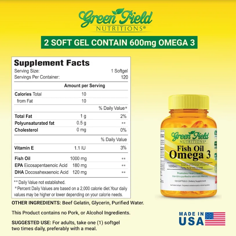Greenfield Nutritions - Halal Fish Oil 1000mg, 120 Softgels, Omega 3 300mg - Contains 180mg EPA and 120mg DHA, Halal Vitamins Made from Halal Gelatin