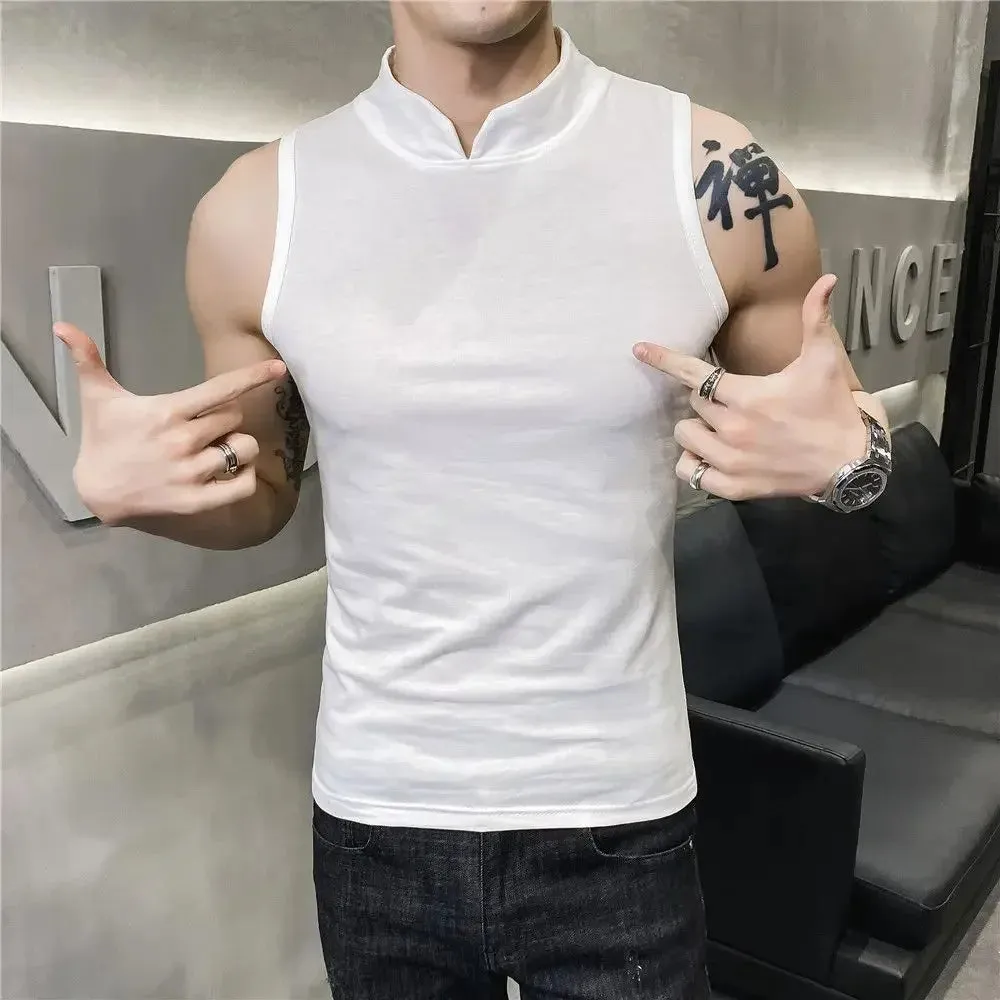 Hnzxzm Men's Summer Sexy Vest Small High Collar Breathable Sports Fitness Bottom Undershirt Sexy Slim Fit Tight Sleeveless Top T-Shirt