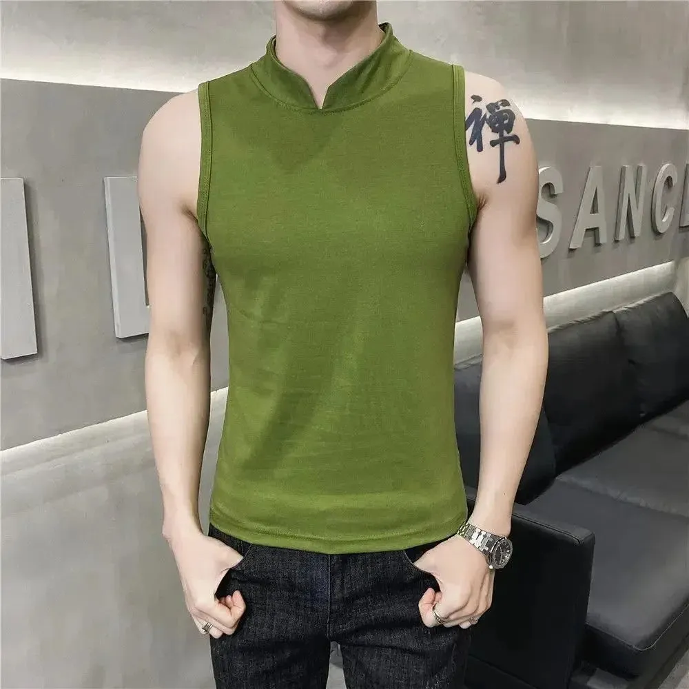 Hnzxzm Men's Summer Sexy Vest Small High Collar Breathable Sports Fitness Bottom Undershirt Sexy Slim Fit Tight Sleeveless Top T-Shirt