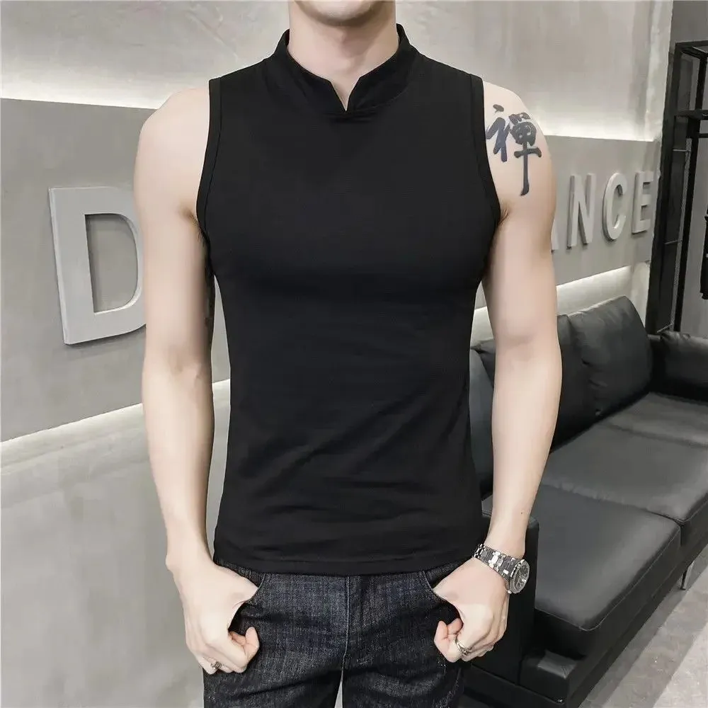Hnzxzm Men's Summer Sexy Vest Small High Collar Breathable Sports Fitness Bottom Undershirt Sexy Slim Fit Tight Sleeveless Top T-Shirt