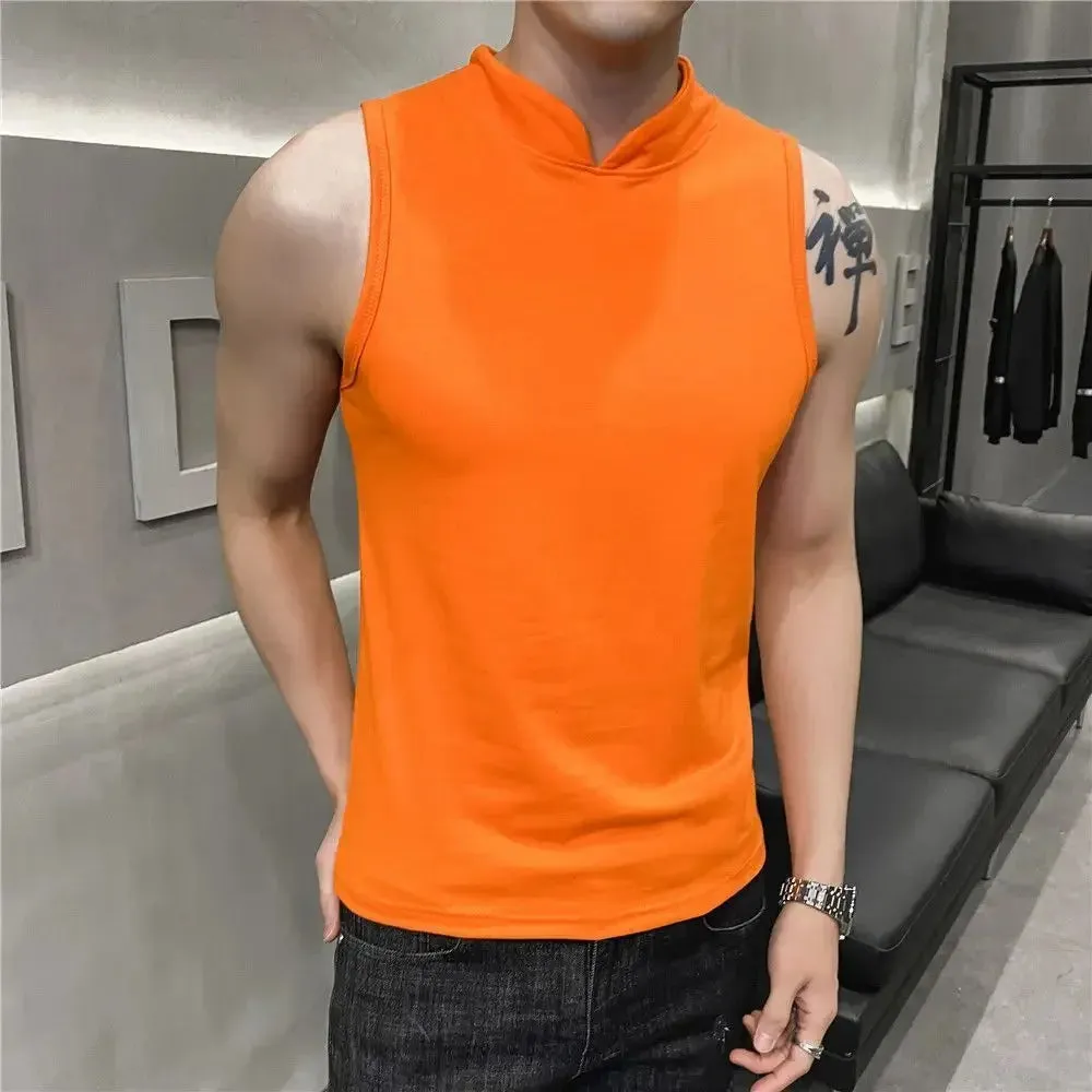 Hnzxzm Men's Summer Sexy Vest Small High Collar Breathable Sports Fitness Bottom Undershirt Sexy Slim Fit Tight Sleeveless Top T-Shirt