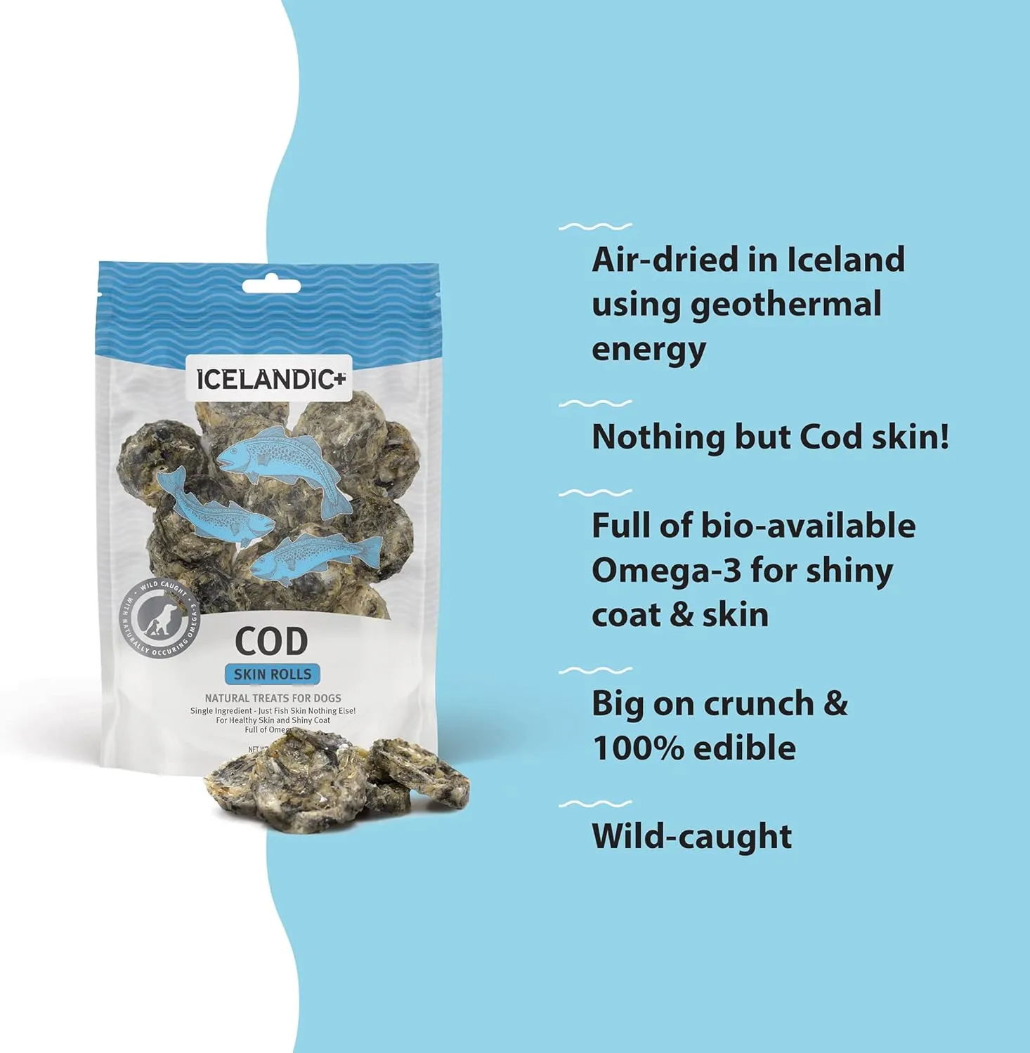 Icelandic  Skin Rolls: Cod - 3oz Bag, Dog Treats, Pure Wild-Caught Air-Dried Fish, Single Ingredient Snacks, Pe Chews, Just The Fish Nothing Else