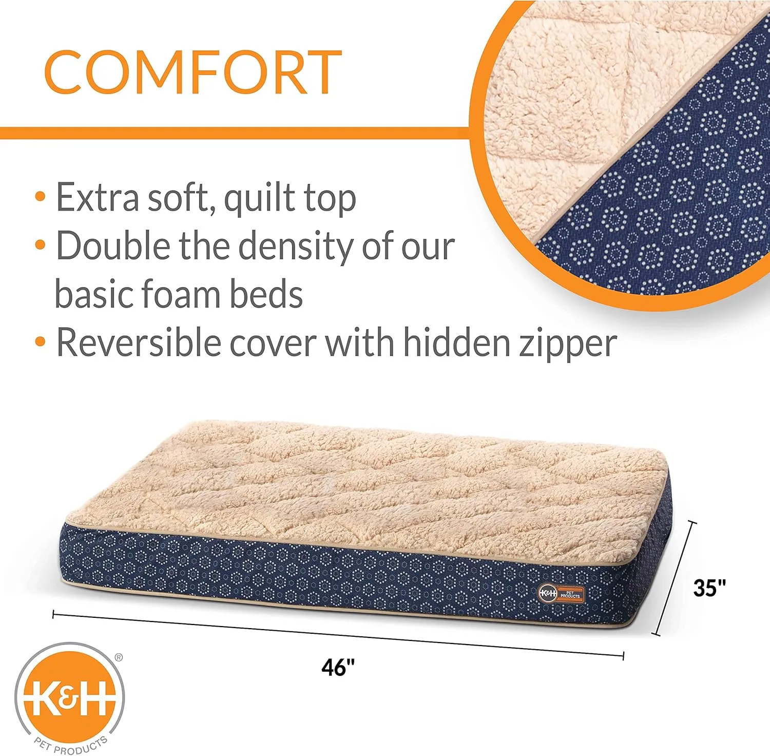 K&H Pet Products Quilt-Top Superior Orthopedic Bed Navy/Geo Flower Large 35 X 46 Inches