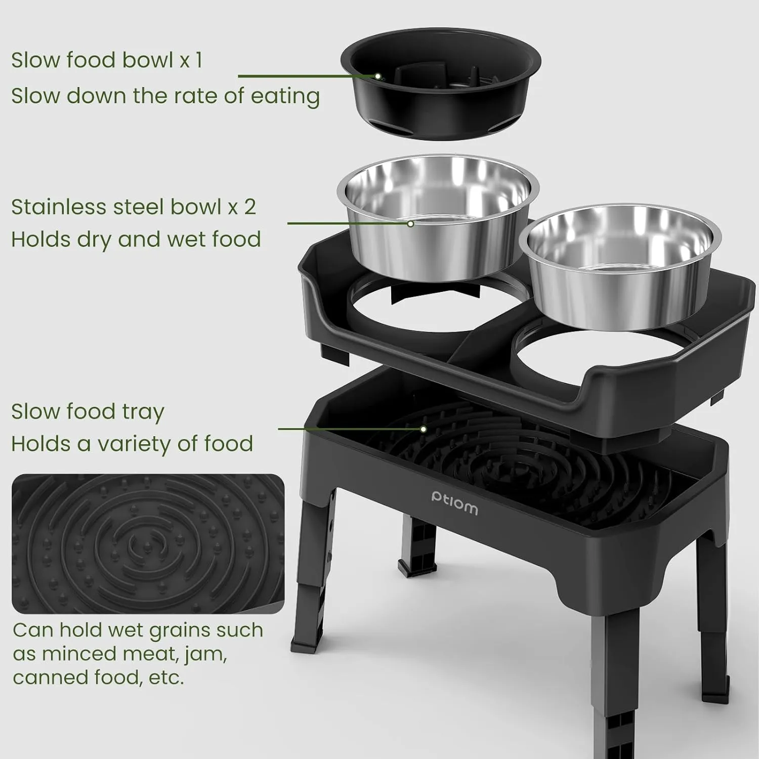 KPWACD 4-in-1 Elevated Slow Feeder Dog Bowls, 4 Height Adjustable Mess Proof Raised Dog Bowl Stand with Licking Plate, 2 Stainless Steel Doggy Food Bowl & Slow Feeder for Large Medium Small Pets
