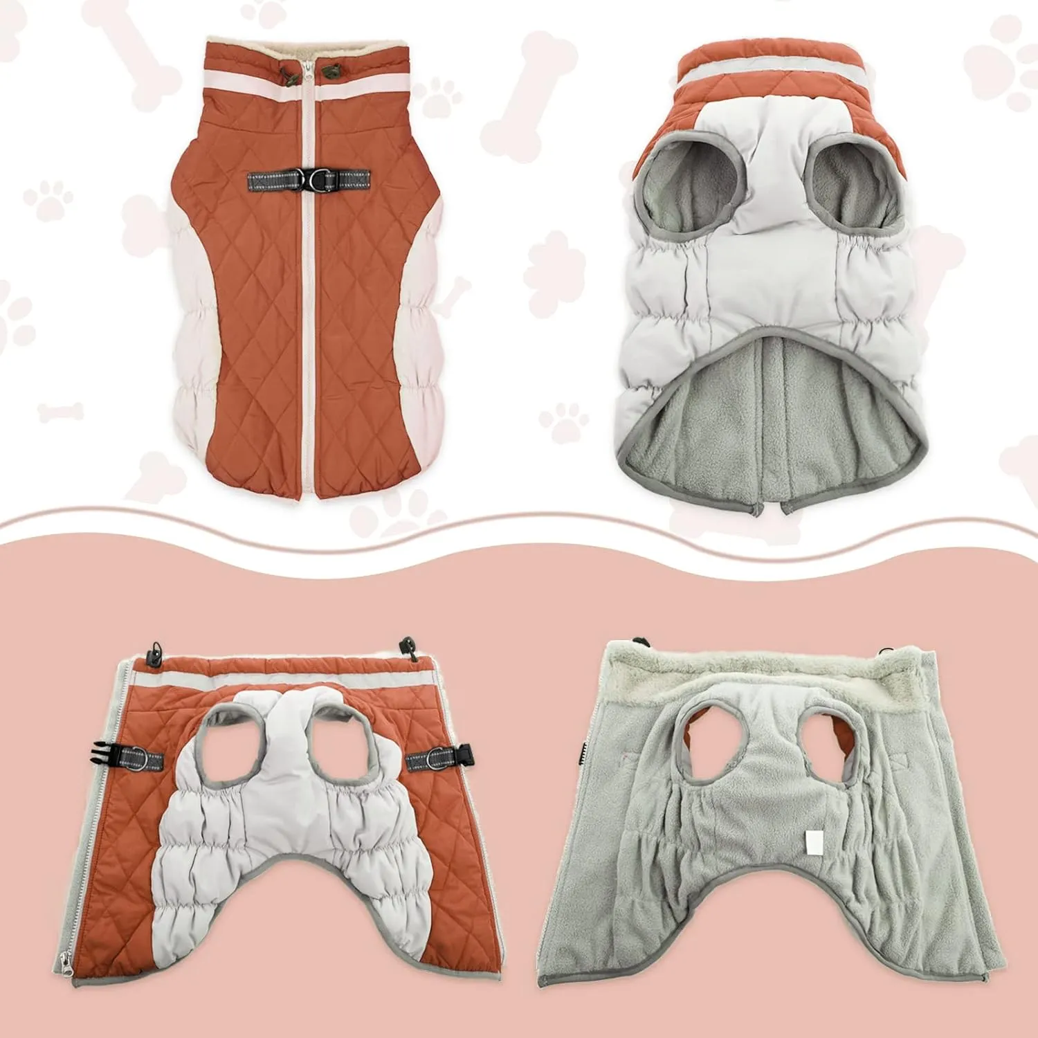 Lelepet Warm Winter Dog Coat - X-Large, Waterproof, Windproof, Reflective, Fleece Vest with Turtleneck & Zipper - Jacket for Large Dogs in Cold Weather, Brown, XL