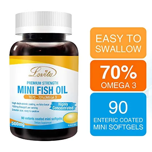 Lovita Mini Fish Oil 500mg, High Concentrated Omega 3, Easy to Swallow for Women and Senior, Burpless, 90 Enteric Coated Softgels