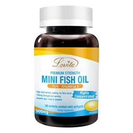 Lovita Mini Fish Oil 500mg, High Concentrated Omega 3, Easy to Swallow for Women and Senior, Burpless, 90 Enteric Coated Softgels