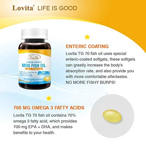 Lovita Mini Fish Oil 500mg, High Concentrated Omega 3, Easy to Swallow for Women and Senior, Burpless, 90 Enteric Coated Softgels