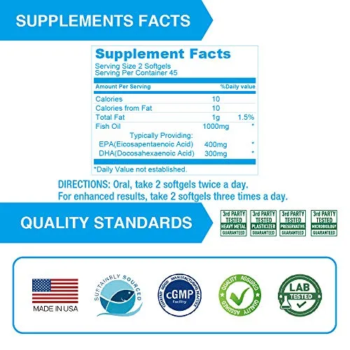 Lovita Mini Fish Oil 500mg, High Concentrated Omega 3, Easy to Swallow for Women and Senior, Burpless, 90 Enteric Coated Softgels