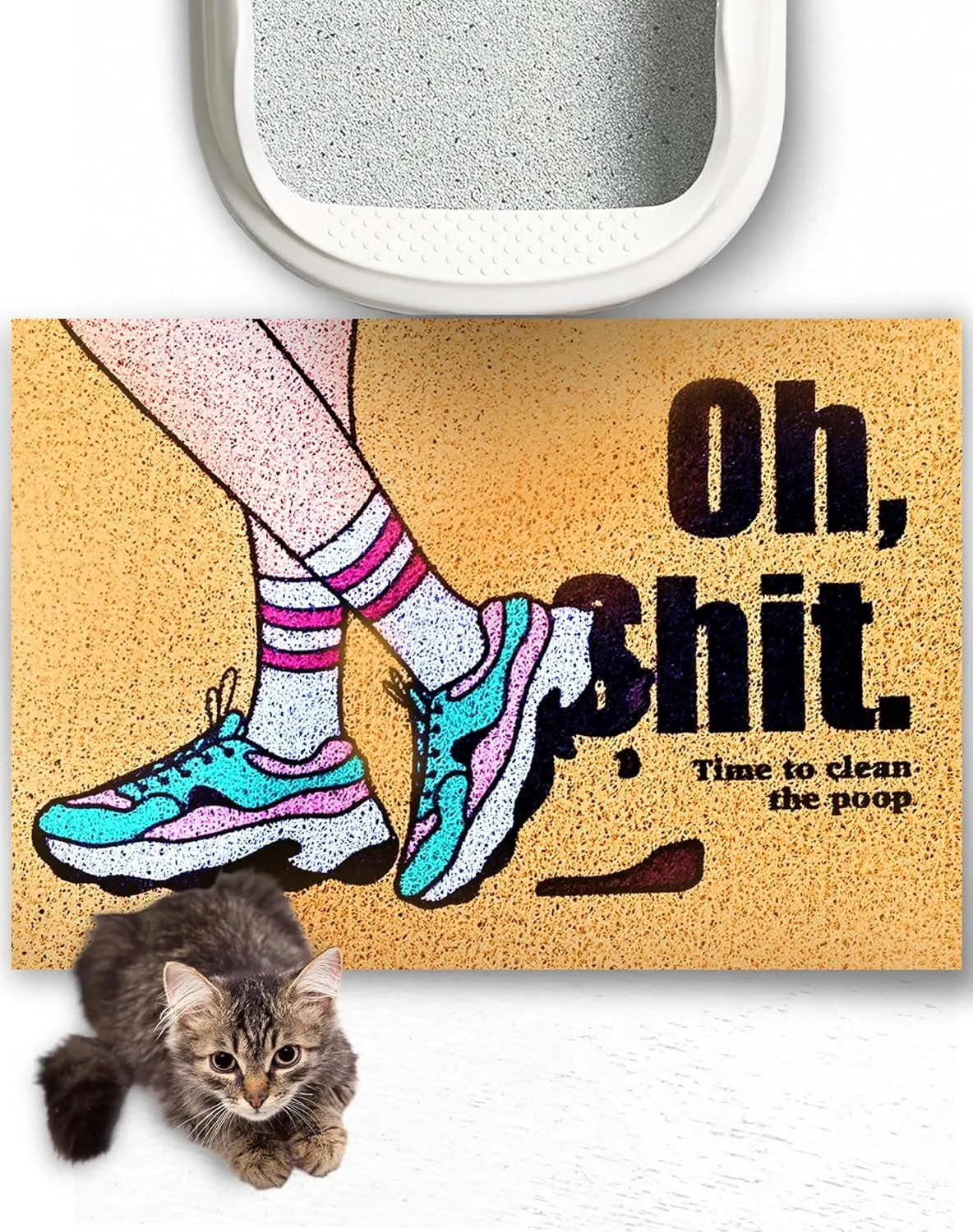 Lukamoo Cute Cat Litter Mat (24X16), for Kitty Litter & Cat Litter Box, Independent Artist Designed [Comedian Taped Cats Series] (Sneakers)