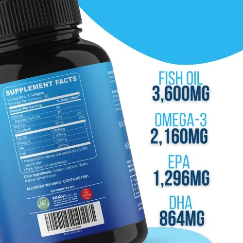 MAV Nutrition Fish Oil Omega 3   EPA & DHA, 3600 mg | Triple Strength Brain, Heart, Joints, Skin and Immune Support | 180 Non-GMO Lemon Flavor Burpless Softgels