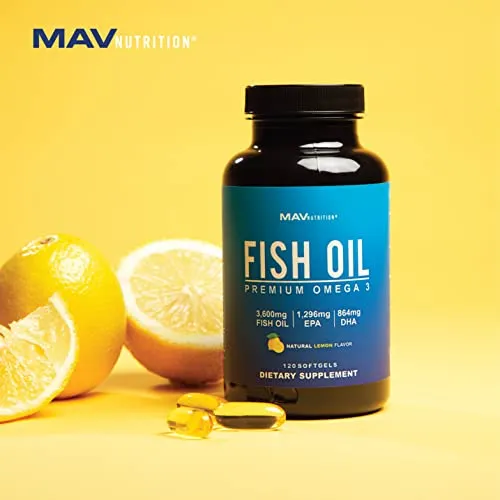 MAV Nutrition Fish Oil Omega 3   EPA & DHA, 3600 mg | Triple Strength Brain, Heart, Joints, Skin and Immune Support | 180 Non-GMO Lemon Flavor Burpless Softgels