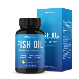 MAV Nutrition Fish Oil Omega 3   EPA & DHA, 3600 mg | Triple Strength Brain, Heart, Joints, Skin and Immune Support | 180 Non-GMO Lemon Flavor Burpless Softgels